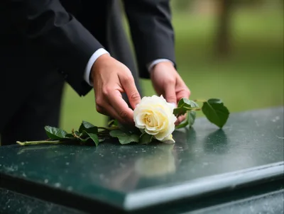 Person Placing White Rose On Funeral Casket
