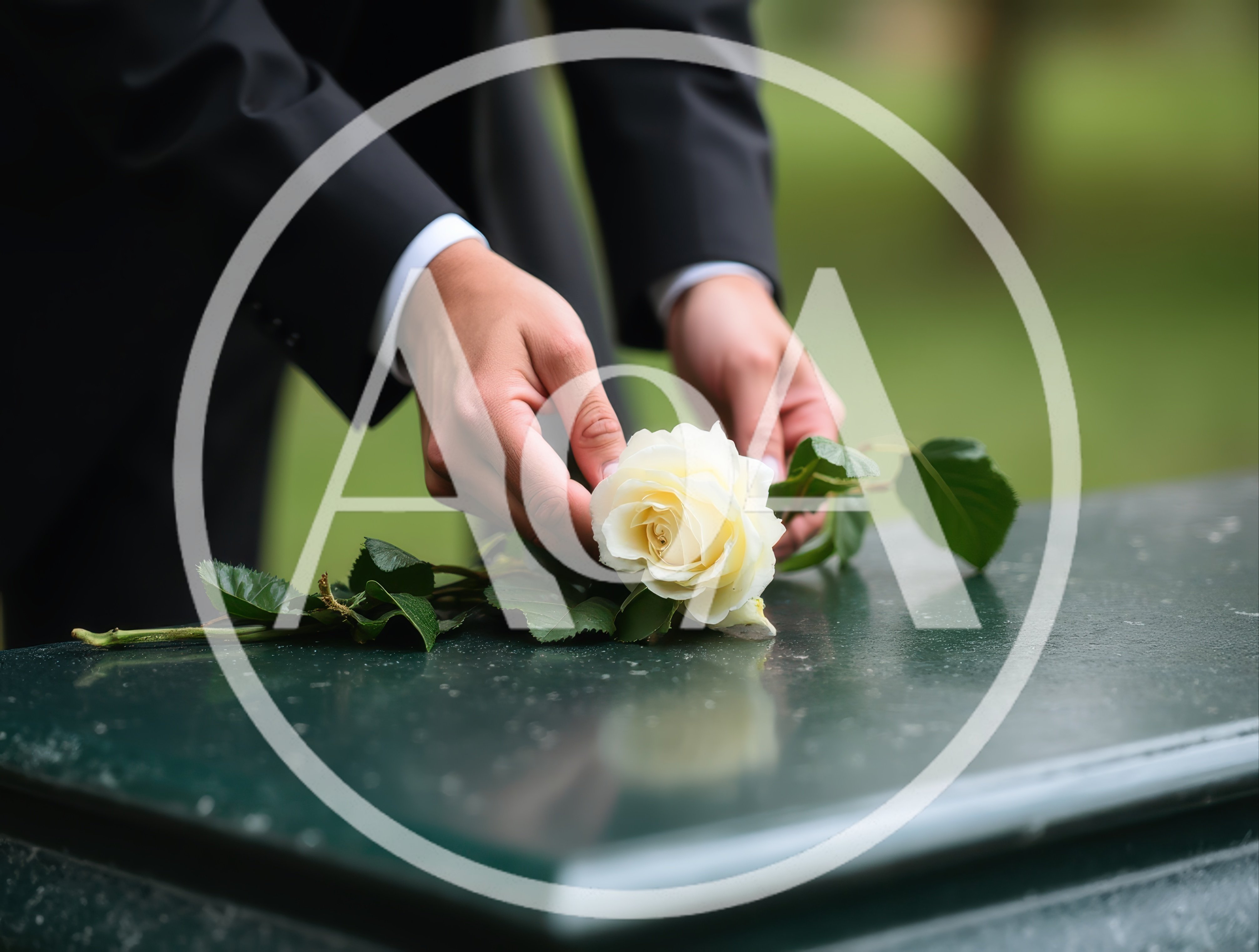 Person Placing White Rose On Funeral Casket