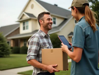 Delivery Driver Handing Package To Happy Homeowner