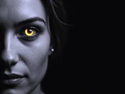 Close Up Portrait Of Woman With Glowing Yellow Eye