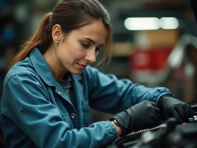 Female Mechanic Working On Car Engine In Workshop