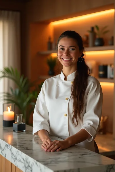 Professional Female Chef Smiling In Modern Kitchen