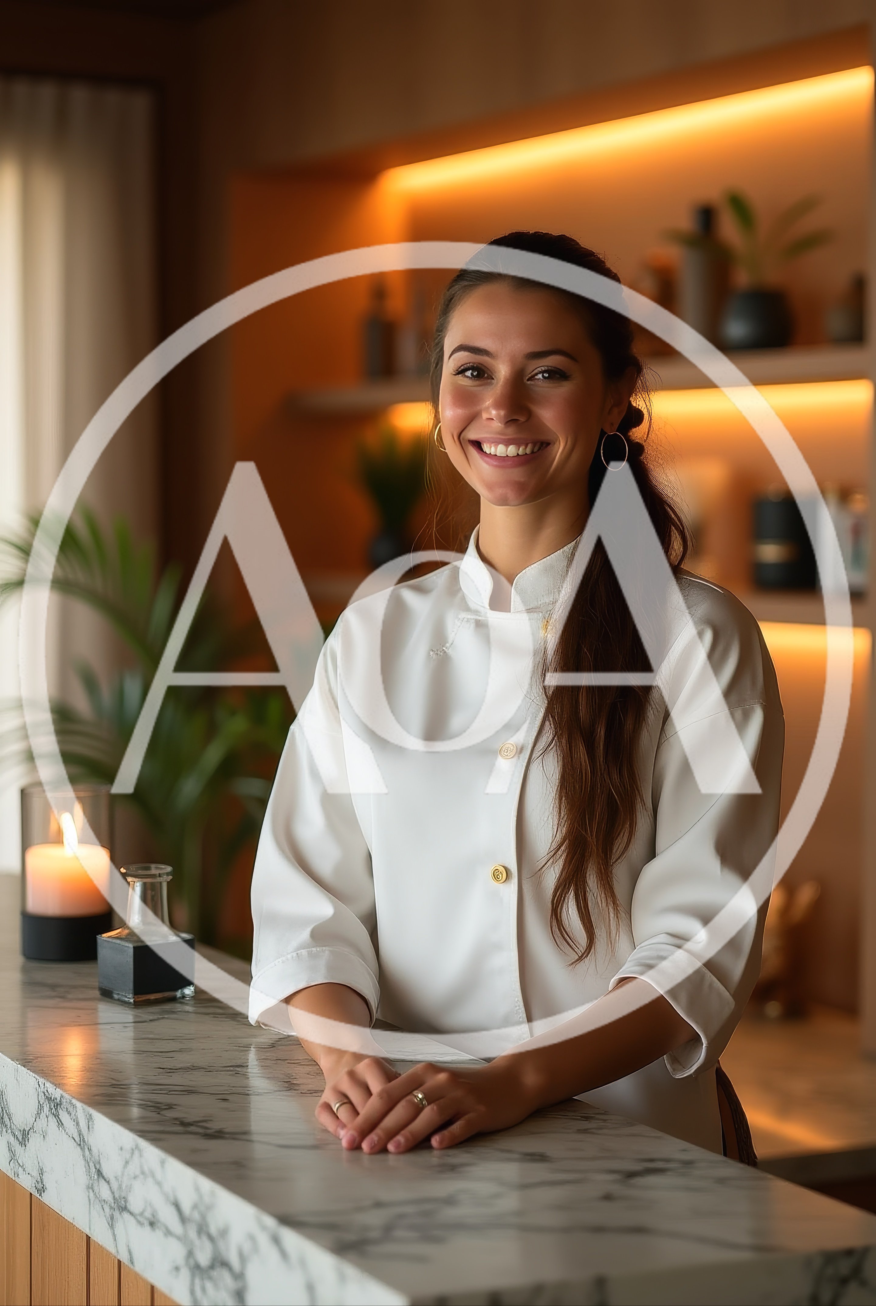 Professional Female Chef Smiling In Modern Kitchen