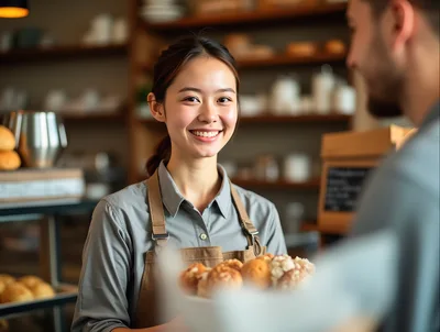 Friendly Bakery Employee Serving Fresh Pastries To Customer