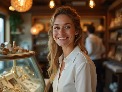 Smiling Female Jewelry Store Clerk Standing Behind Display Case