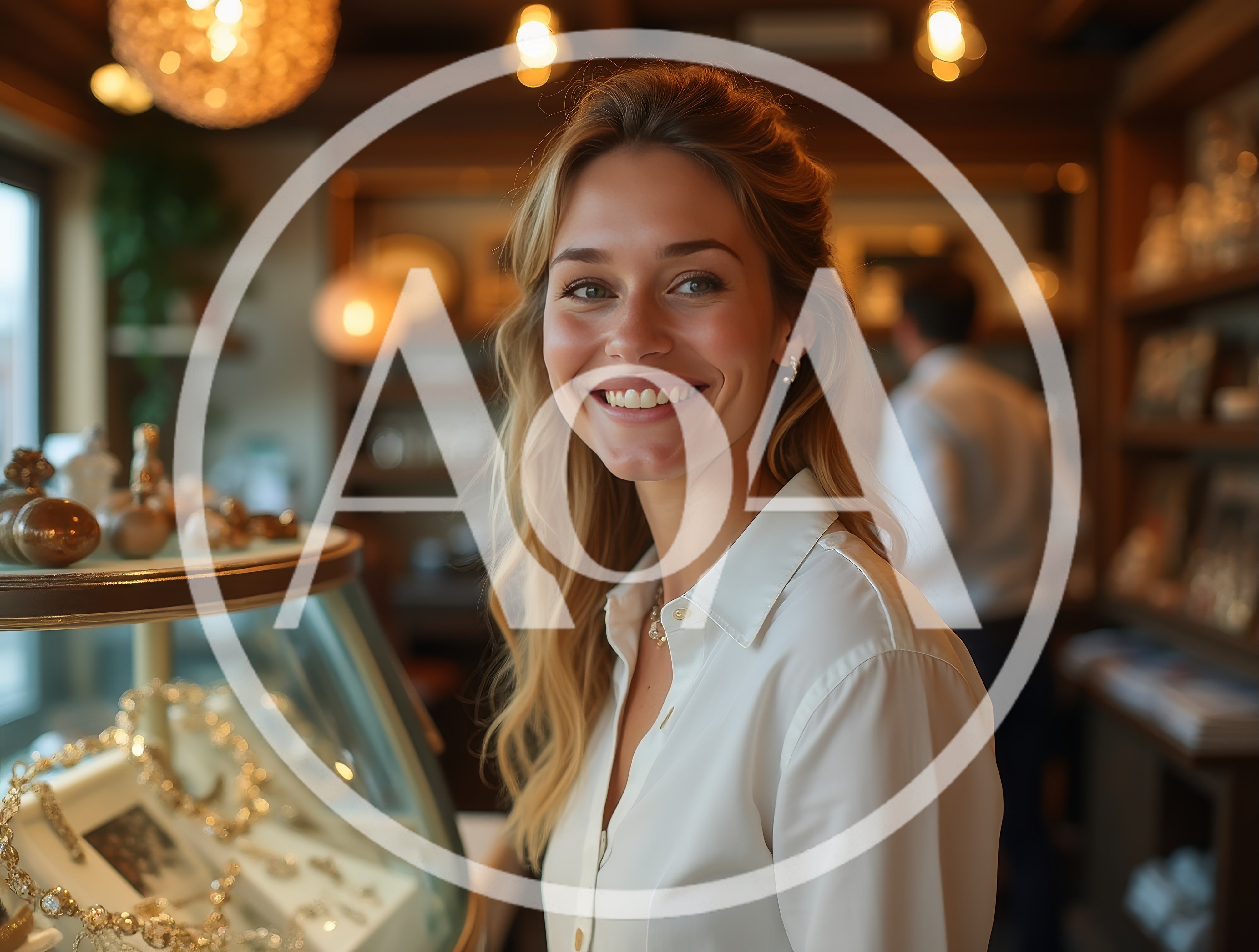 Smiling Female Jewelry Store Clerk Standing Behind Display Case