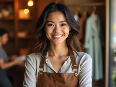 Smiling Young Woman Wearing A Brown Leather Apron