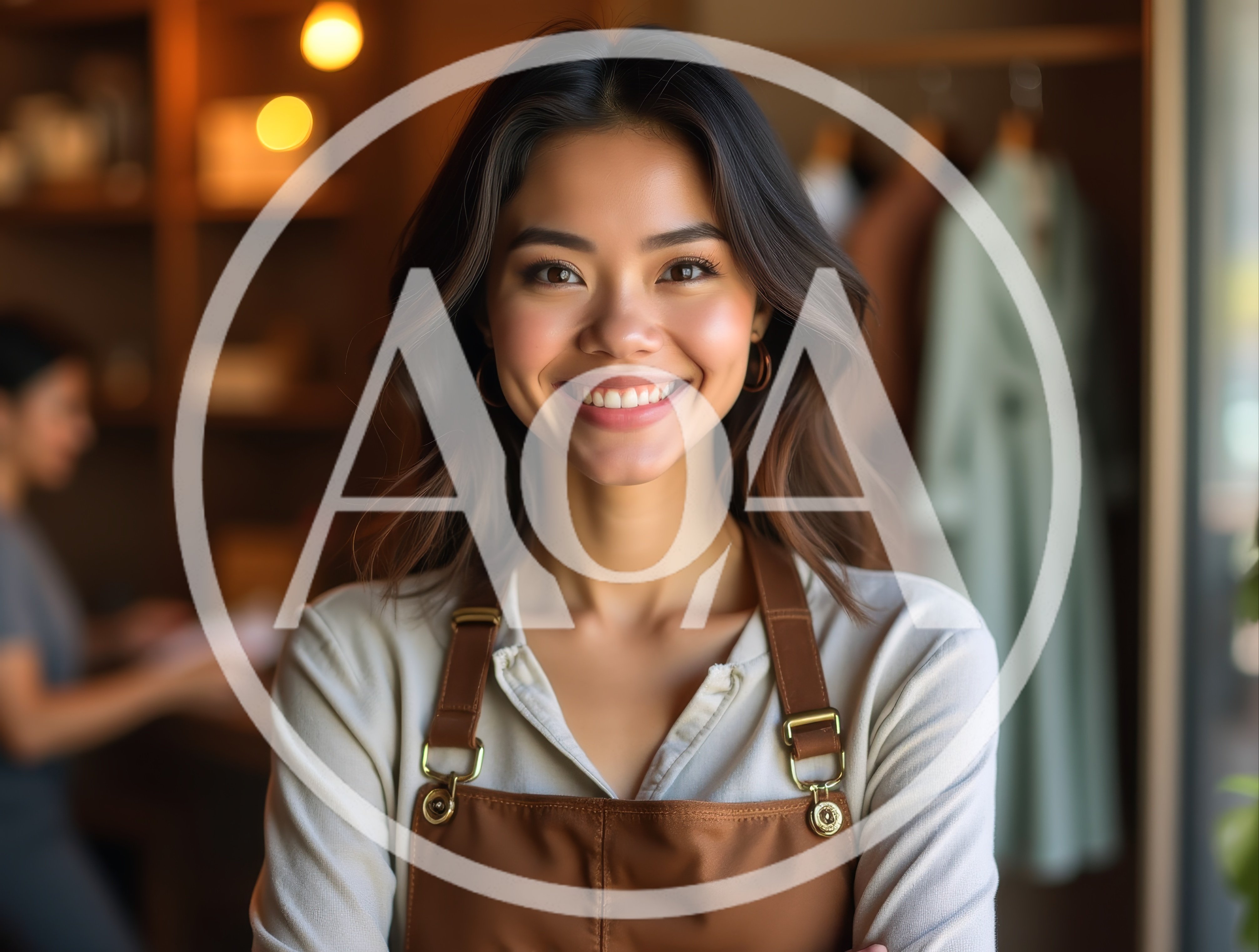 Smiling Young Woman Wearing A Brown Leather Apron