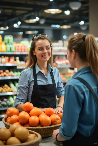 Friendly Grocery Store Clerk Assisting A Customer