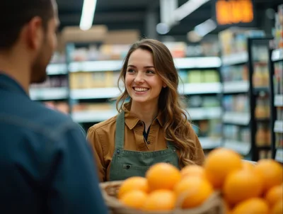 Friendly Grocery Store Clerk Assisting Customer