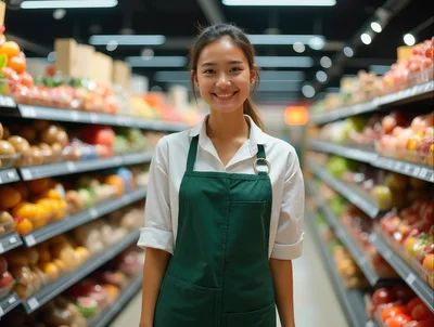 Smiling Grocery Store Clerk Standing In Produce Aisle