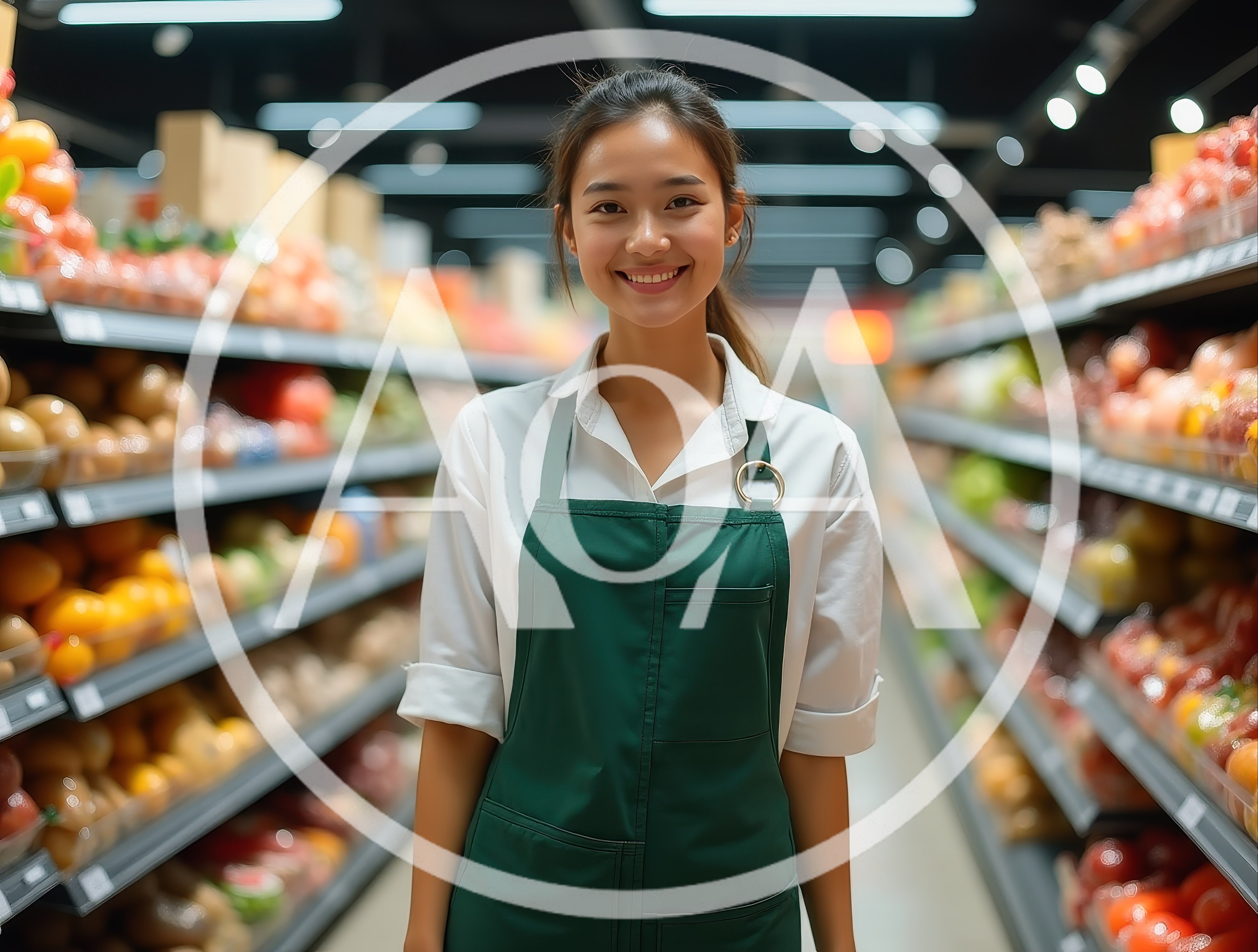 Smiling Grocery Store Clerk Standing In Produce Aisle