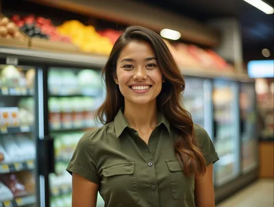 Smiling Young Woman Standing In A Grocery Store