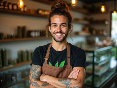 Smiling Male Barista With Tattoos In A Coffee Shop