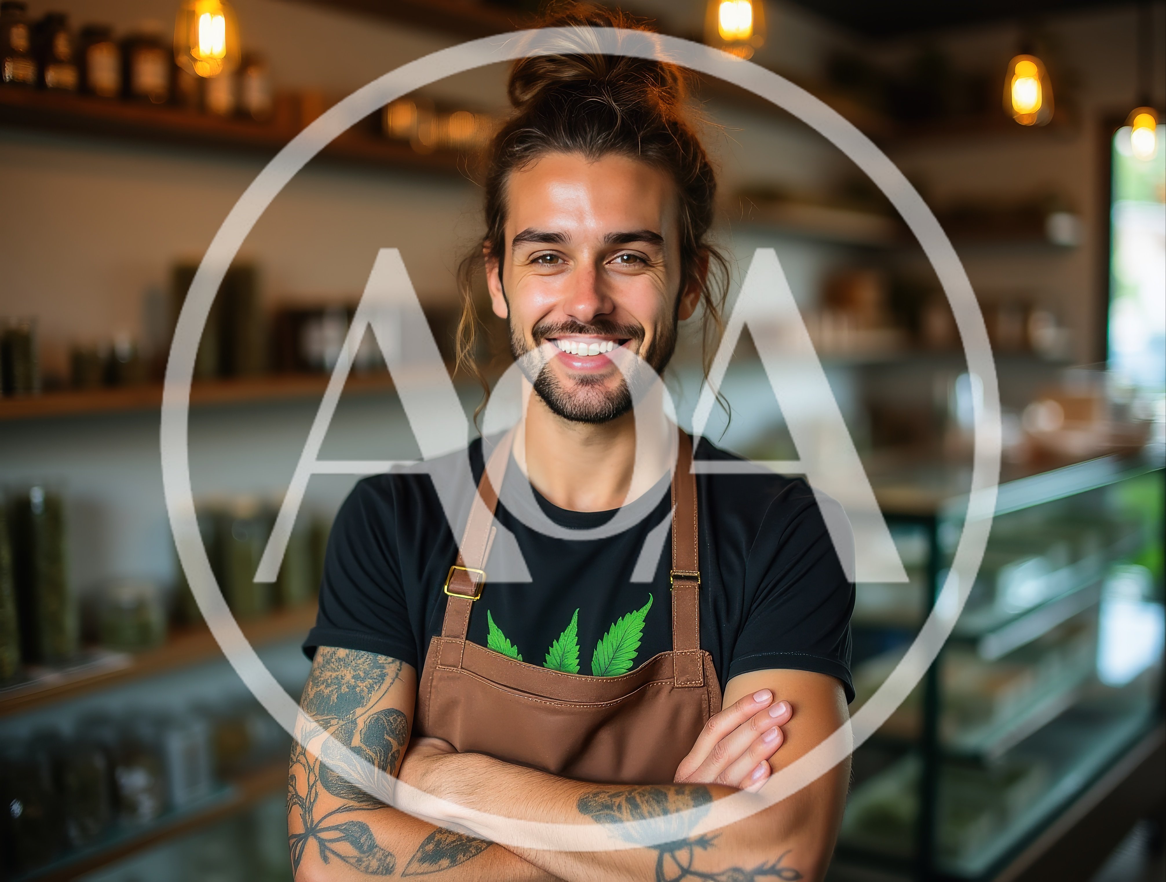 Smiling Male Barista With Tattoos In A Coffee Shop