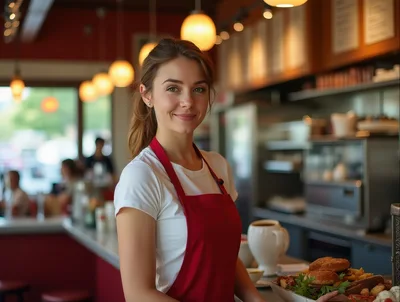 Friendly Waitress Serving Food In A Restaurant