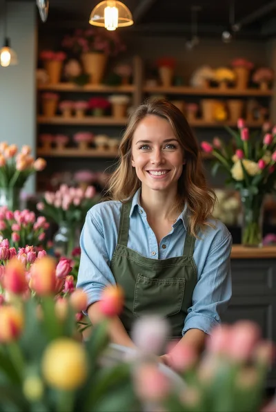 Smiling Female Florist Standing In Flower Shop
