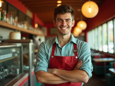 Smiling Male Barista Standing In A Cafe