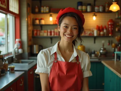 Smiling Young Asian Waitress Wearing Red Apron And Beret
