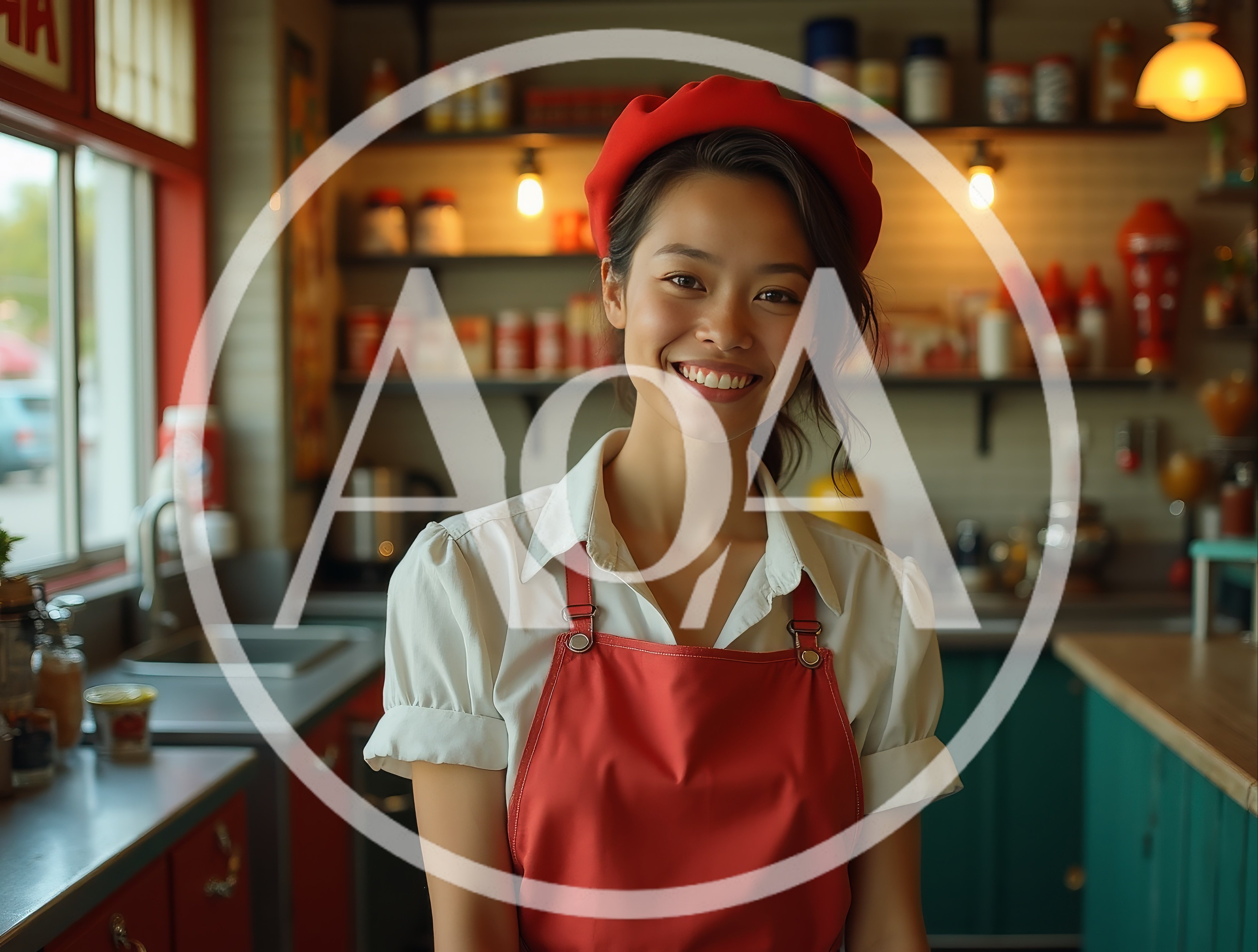 Smiling Young Asian Waitress Wearing Red Apron And Beret