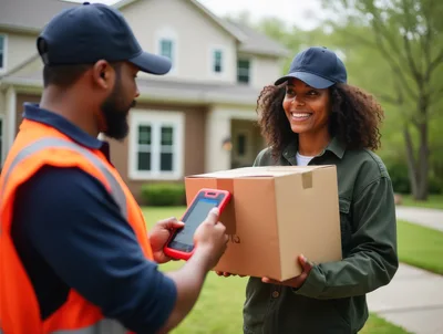 Delivery Driver Scanning Package Held By Female Colleague