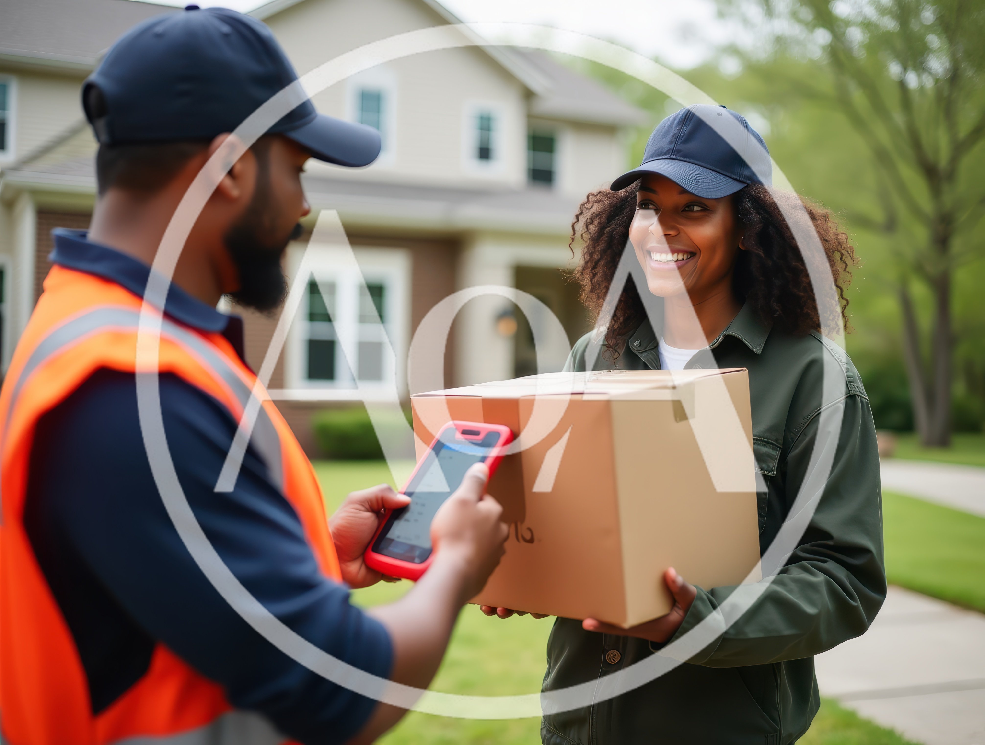 Delivery Driver Scanning Package Held By Female Colleague