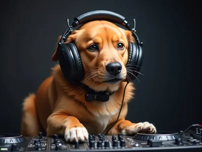 Golden Retriever Dog DJ Playing Music On Turntables