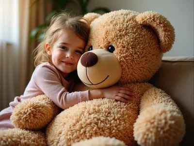 Little Girl Hugging A Large Teddy Bear