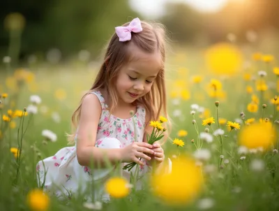 Little Girl Picking Wildflowers in a Sunny Meadow