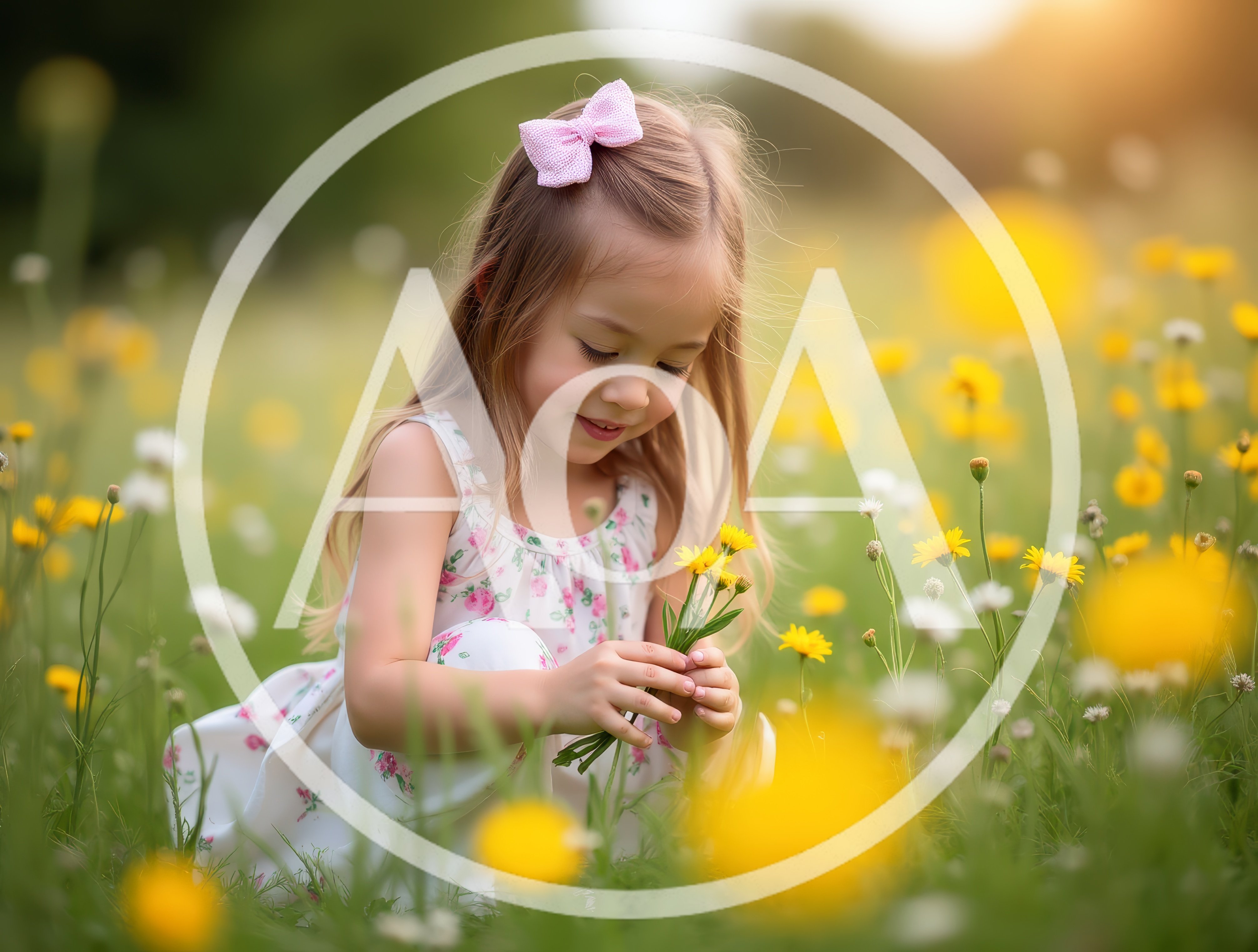Little Girl Picking Wildflowers in a Sunny Meadow
