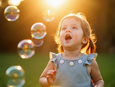Toddler Girl Playing With Bubbles Outdoors