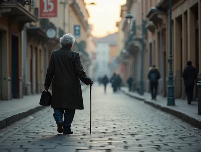 Elderly Person Walking Down Cobblestone Street