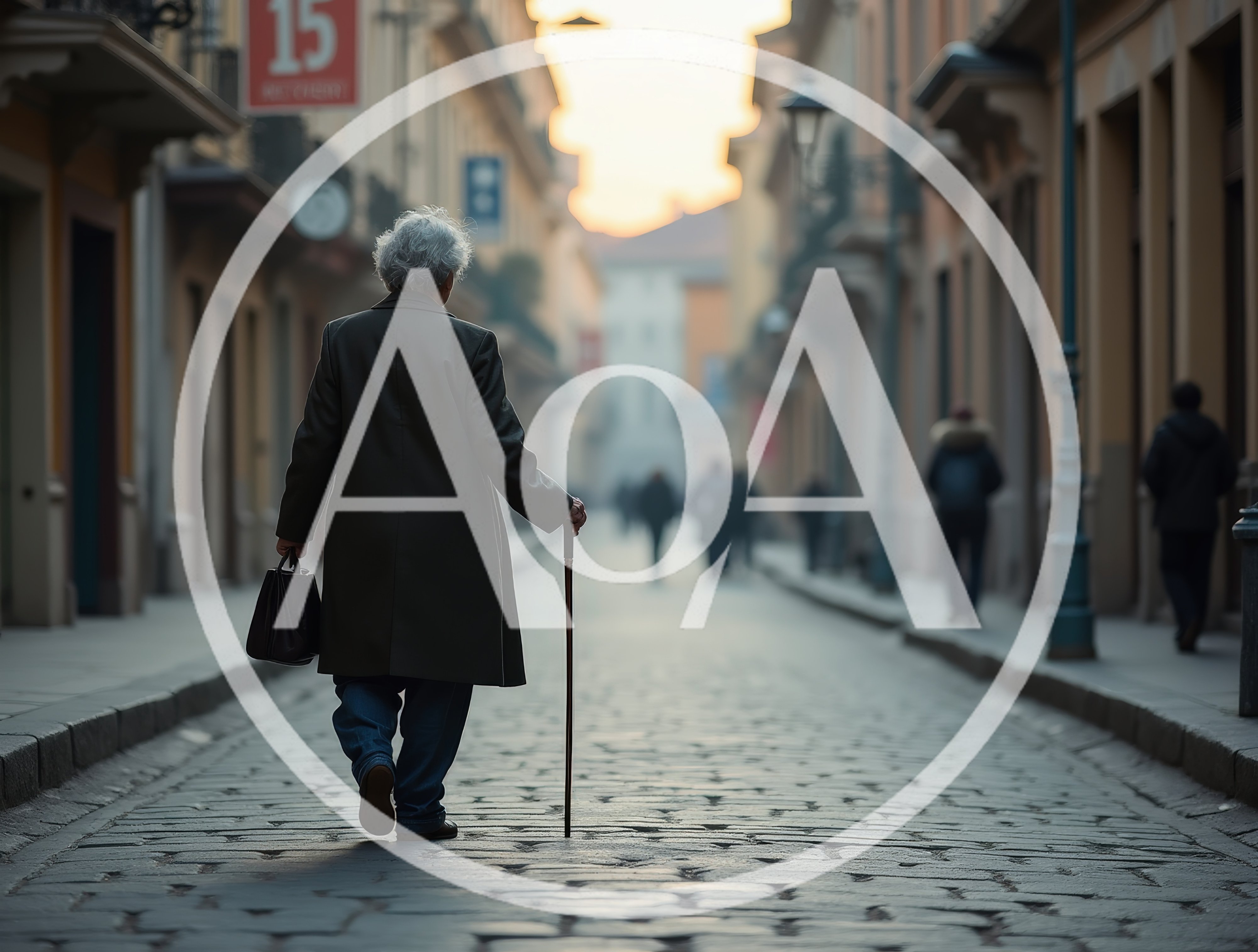 Elderly Person Walking Down Cobblestone Street