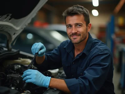 Professional Mechanic Working On Car Engine In Auto Shop