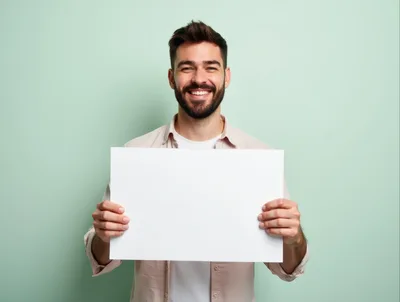 Smiling Man Holding Blank White Sign