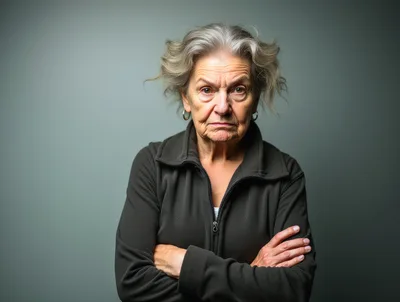 Portrait Of A Stern Elderly Woman With Crossed Arms