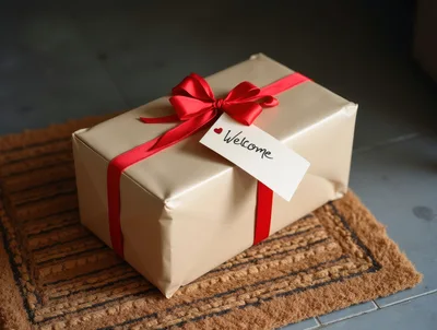 Gift Box With Welcome Tag On Doormat