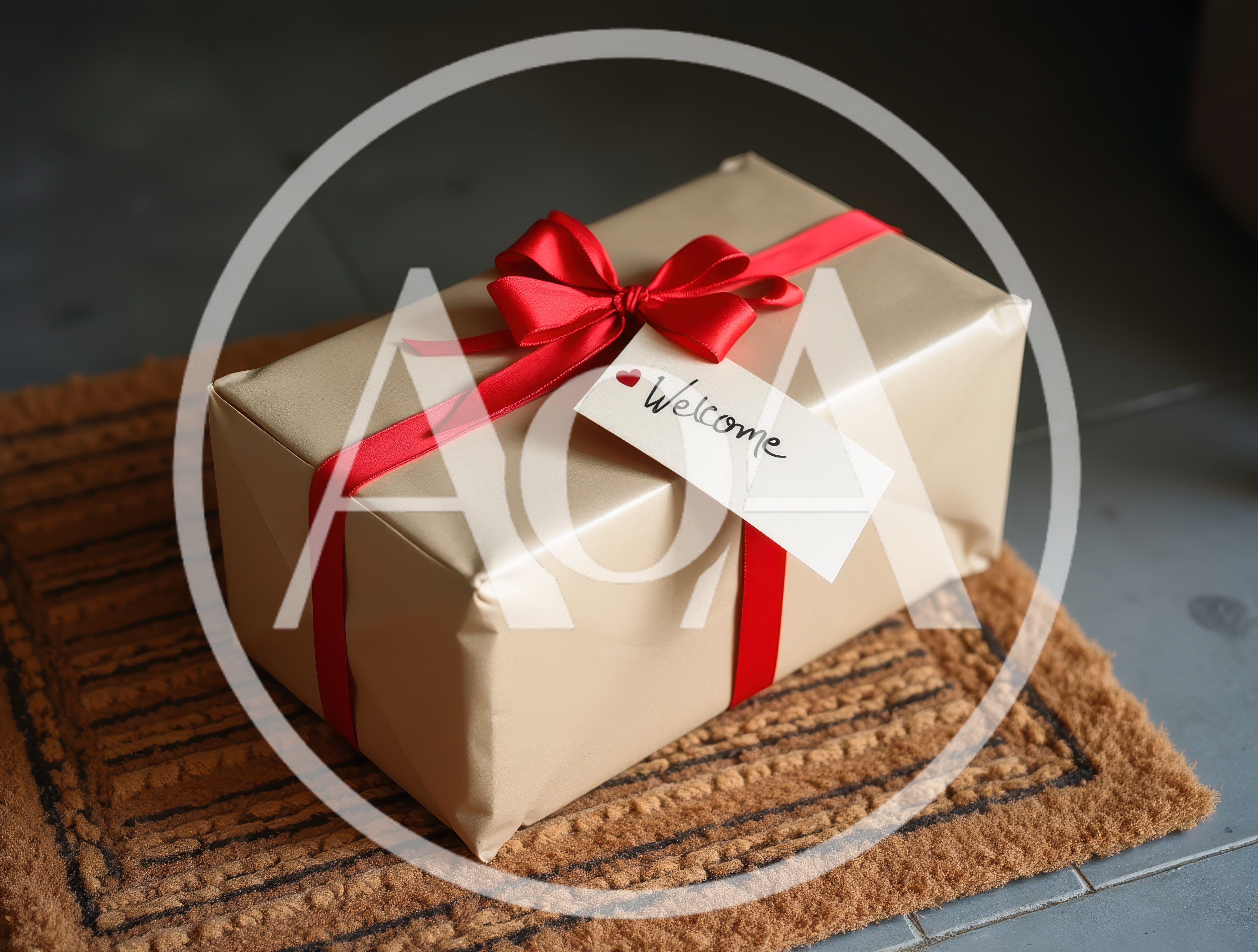 Gift Box With Welcome Tag On Doormat