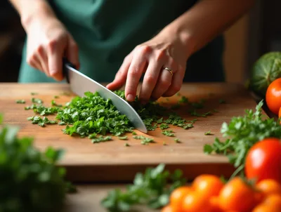Person Chopping Fresh Cilantro On A Wooden Cutting Board