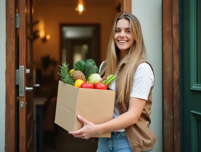 Smiling Woman Holding A Box Of Fresh Groceries