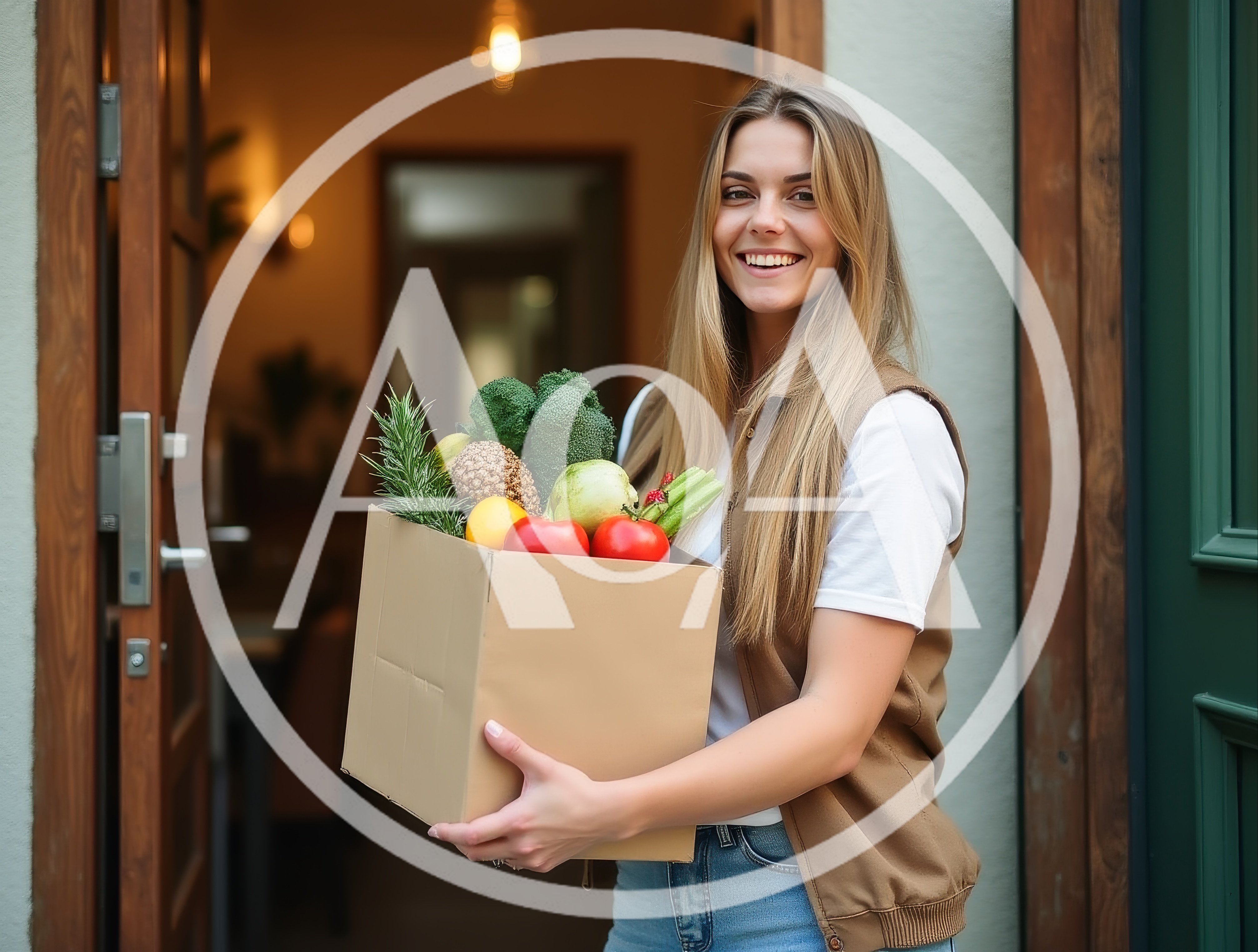 Smiling Woman Holding A Box Of Fresh Groceries