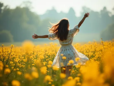 Young Woman Dancing In A Blooming Rapeseed Field