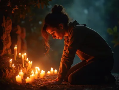 Young Woman Kneeling Beside Glowing Memorial Candles