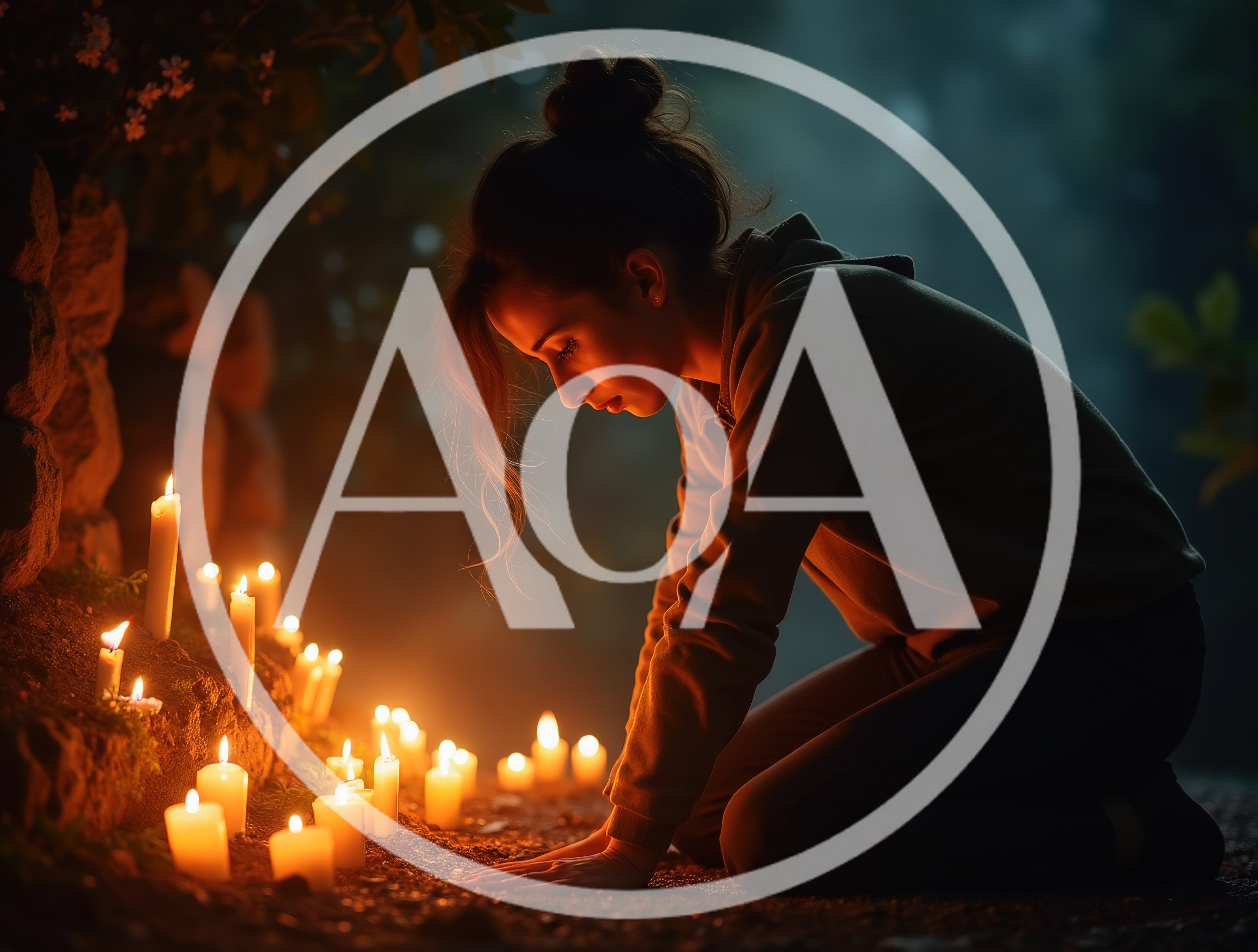 Young Woman Kneeling Beside Glowing Memorial Candles