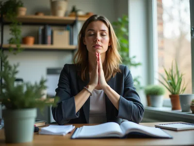Businesswoman Meditating With Hands Clasped At Office Desk