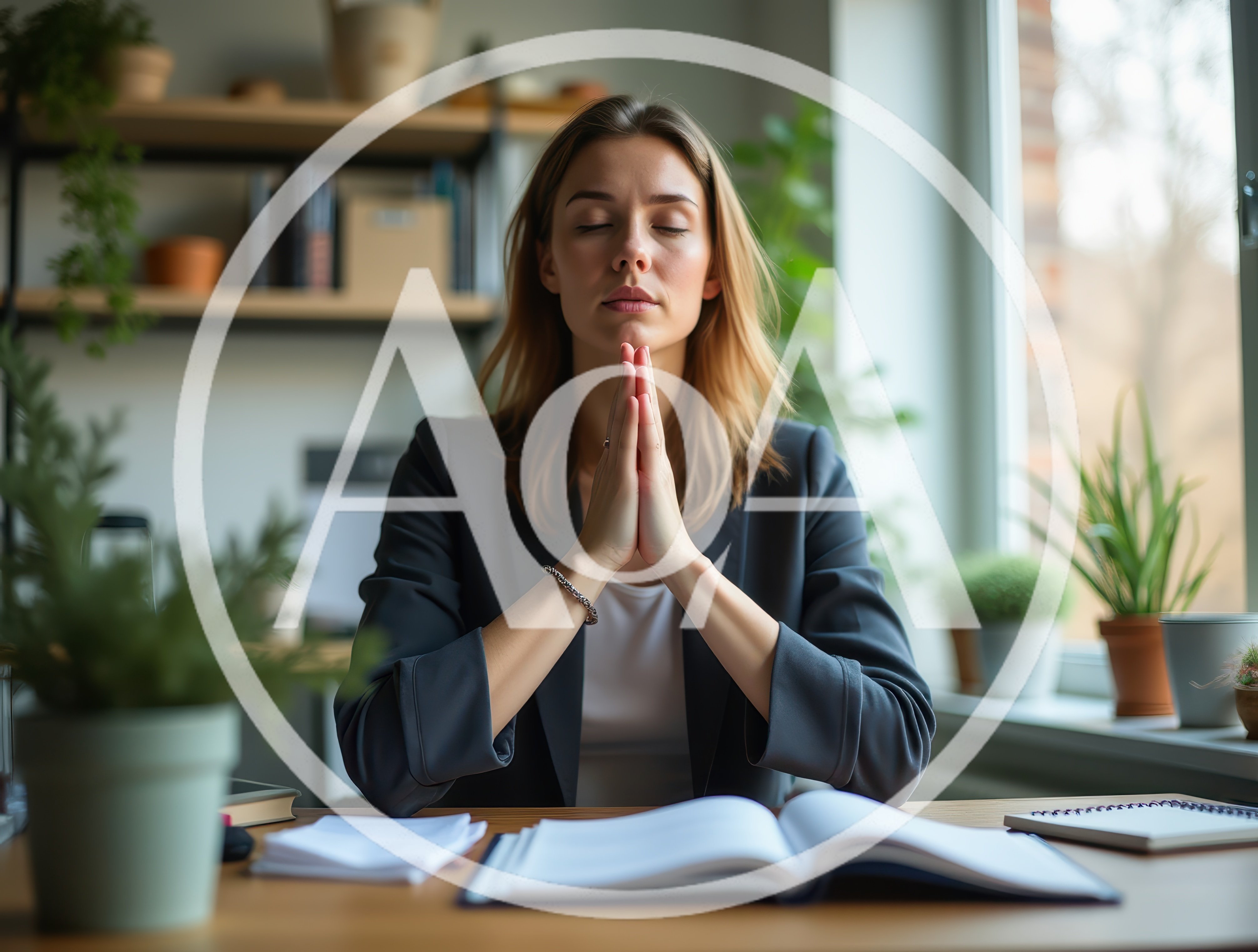Businesswoman Meditating With Hands Clasped At Office Desk