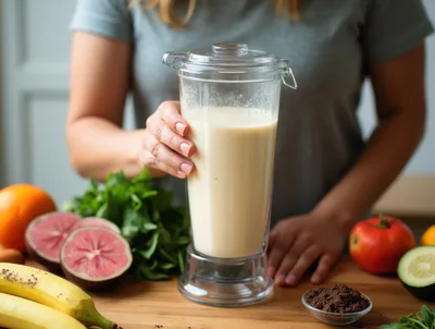 Woman Holding A Blender Jar With A Creamy Smoothie