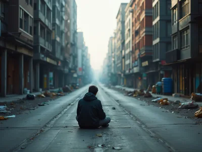 Lonely Person Sitting Alone On Empty City Street