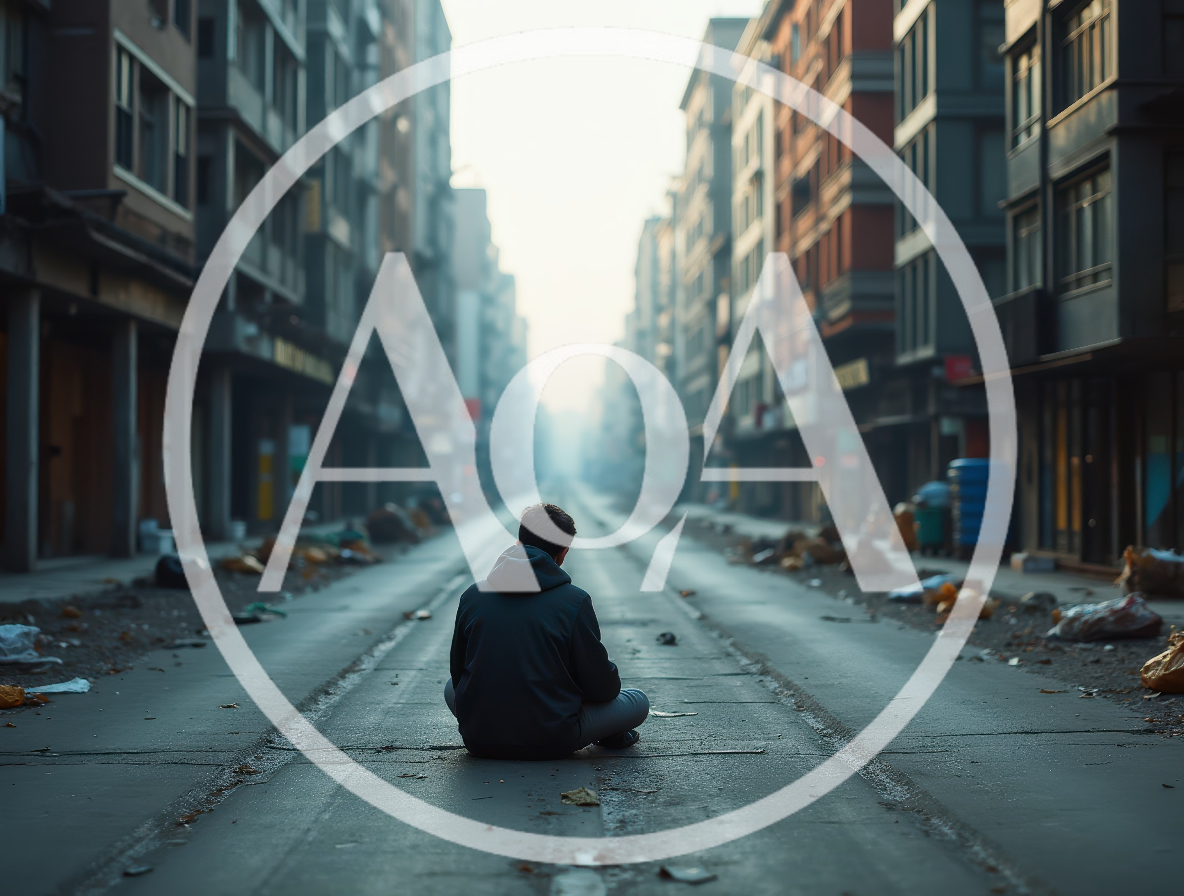Lonely Person Sitting Alone On Empty City Street