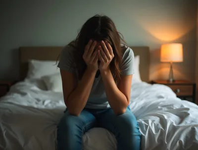 Sad Woman Sitting On Bed Covering Face